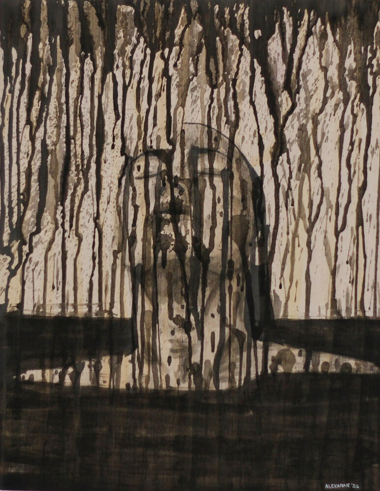 Survival, 11"x14", 2026, India ink on wood pannel, 210$