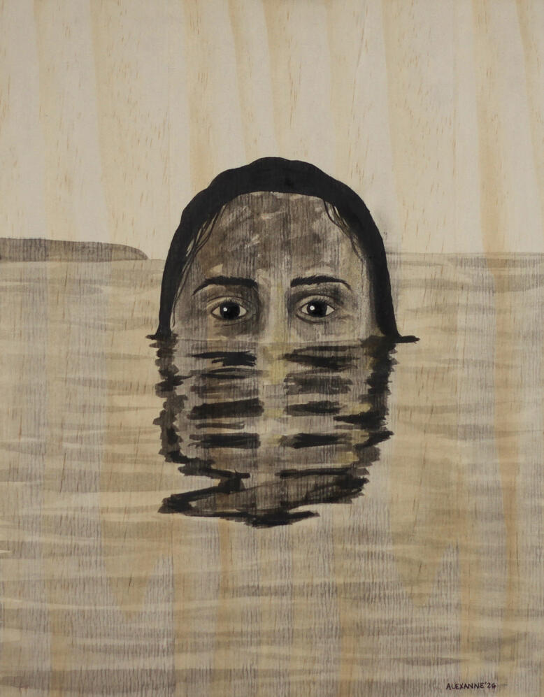 Hide and seek, 11"x14", 2026, India ink on wood, 210$
