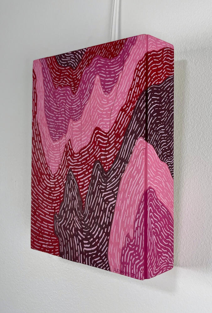 Side view of Mirage, 6"x8", 2025, Acrylic and cut plywood on gallery wood panel, 75$