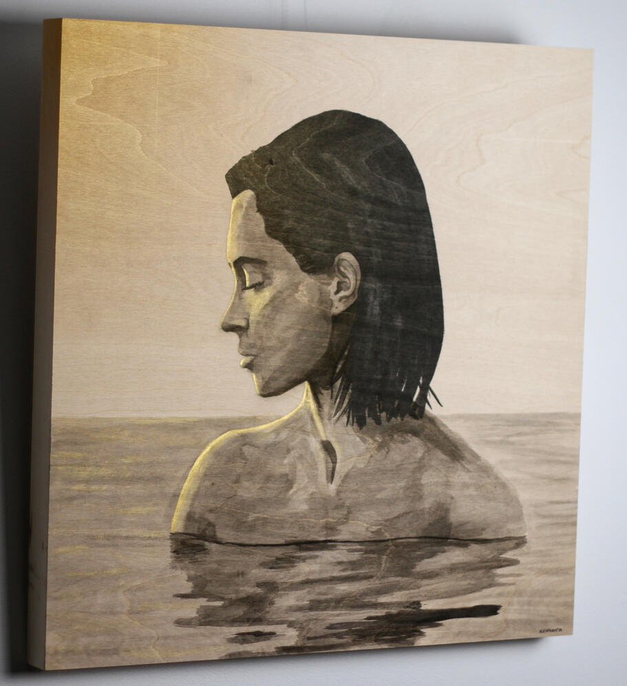 Bath of hope, 24"x24", 2026, India ink on wood pannel. (Sold)