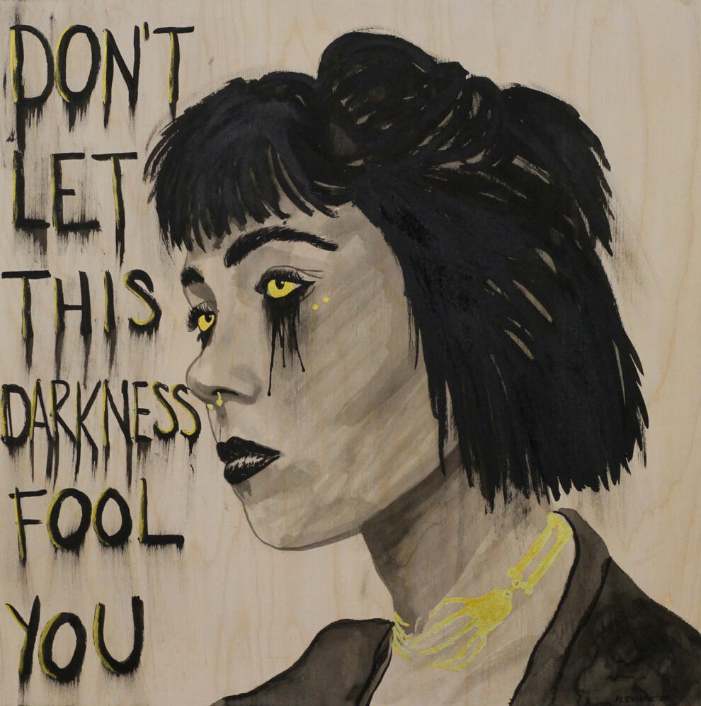Burnout, 24"x24", 2024, India ink and acrylic on wood panel. (Sold)