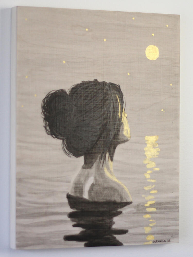 Midnight dip, 9"x12", 2023, India ink and acrylic on wood panel. (Sold)