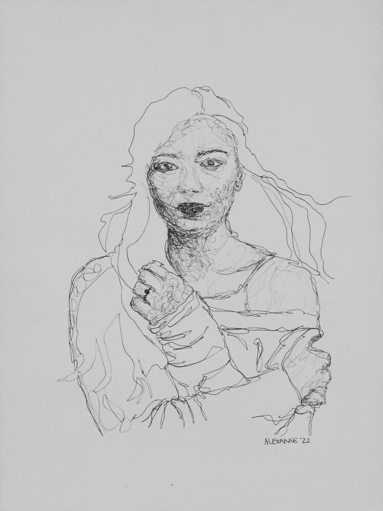 Appeasing, 9"x12", 2022, Pen on paper. (Sold)